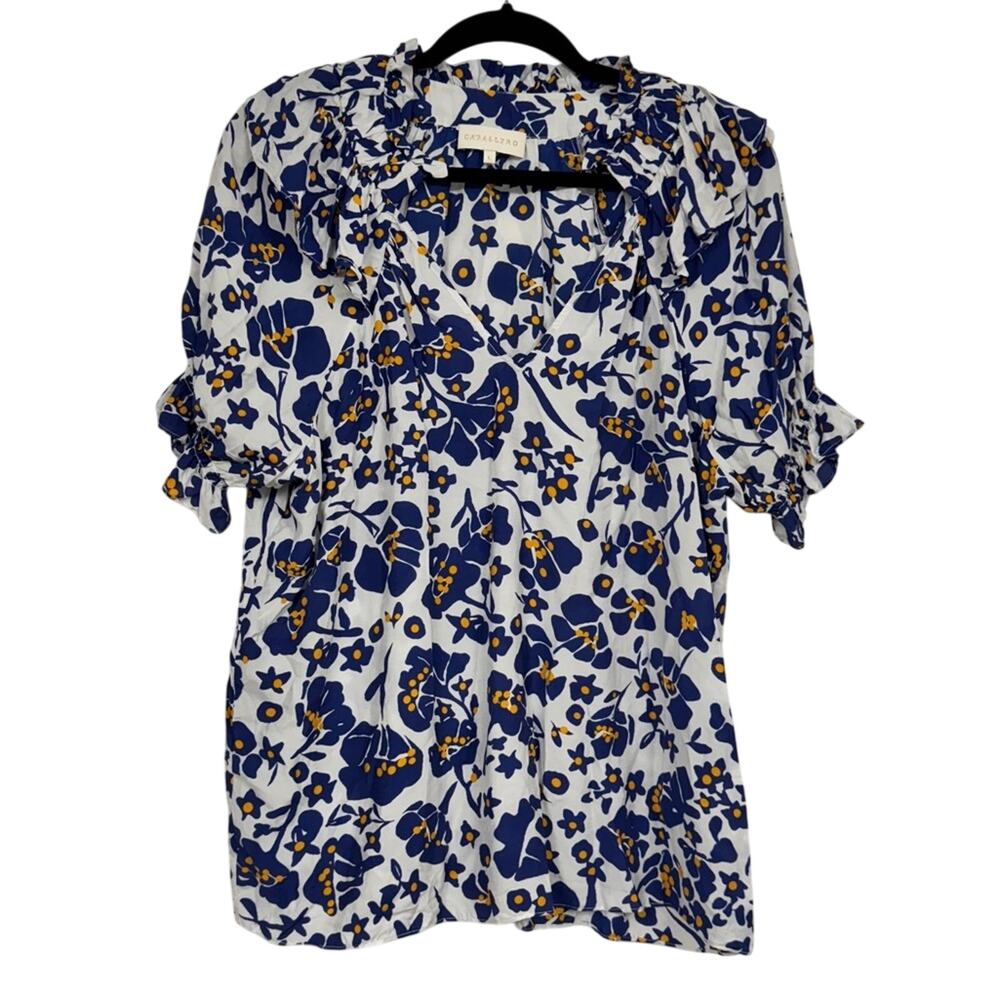 Cabellero Blue White Floral Silk Blend Blouse Womens L Puff Sleeve Boho Shirt